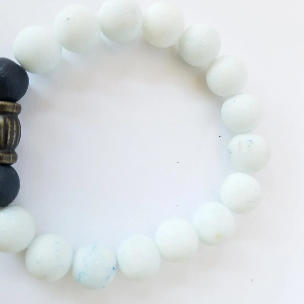 Hand Crafted Couple's Navy White Stone Beaded Bracelets Lava Stretch